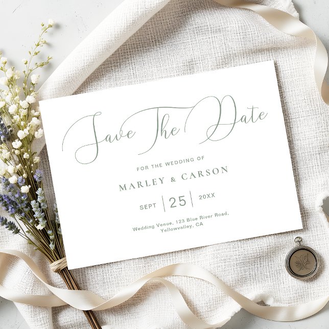 Minimalist Sage Green Calligraphy Script Wedding Save The Date (Creator Uploaded)