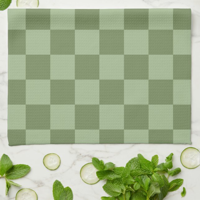 Minimalist Sage Green Checkerboard Pattern Kitchen Towel (Folded)