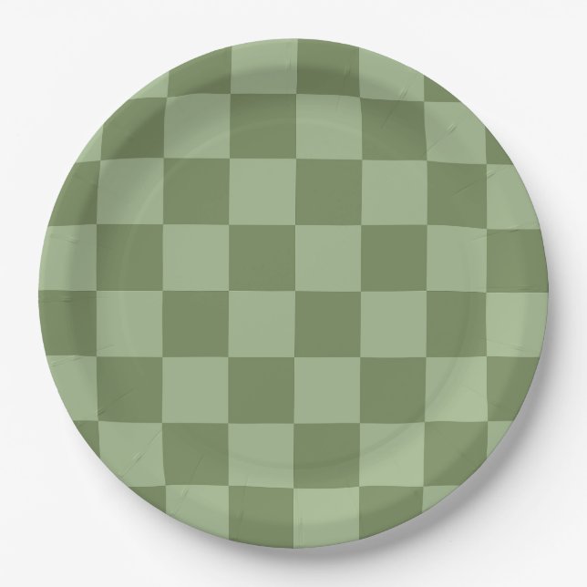 Minimalist Sage Green Checkerboard Pattern Paper Plates (Front)