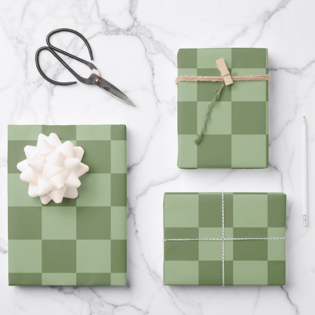 Minimalist Sage Green Checkerboard Pattern Wrapping Paper Sheets (Front)