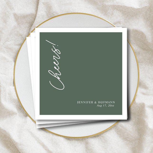 Minimalist Sage Green Cheers Wedding Napkins (Personalized White _Cheers!_ Sage Green Wedding  Napkins )