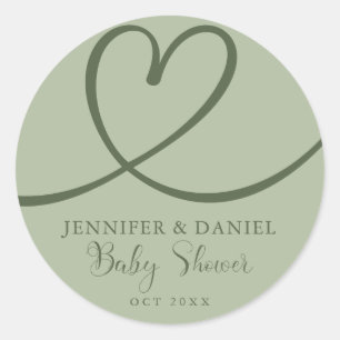 Minimalist Sage Green Elegant Heart Baby Shower Classic Round Sticker