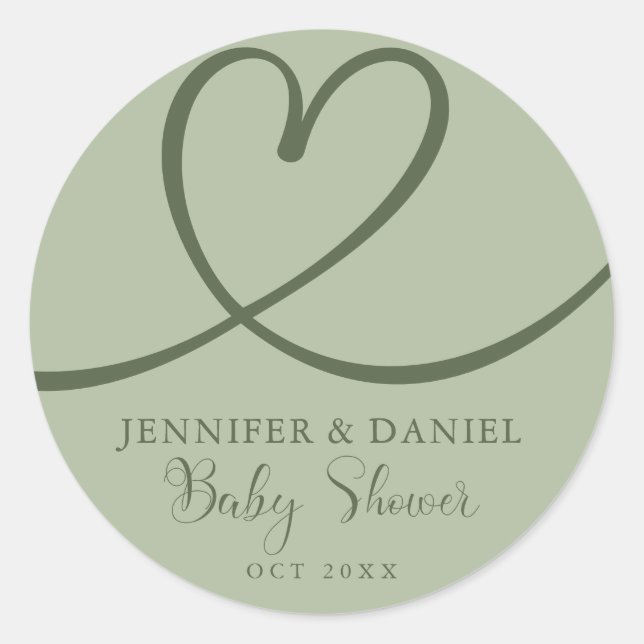 Minimalist Sage Green Elegant Heart Baby Shower Classic Round Sticker (Front)