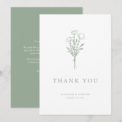Minimalist Sage Green Floral Bouquet Wedding Thank You Card
