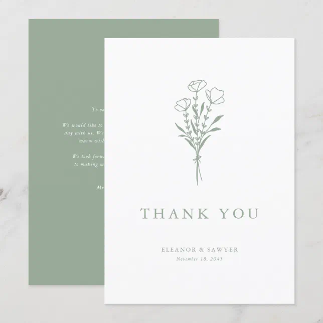 Minimalist Sage Green Floral Bouquet Wedding Thank You Card | Zazzle