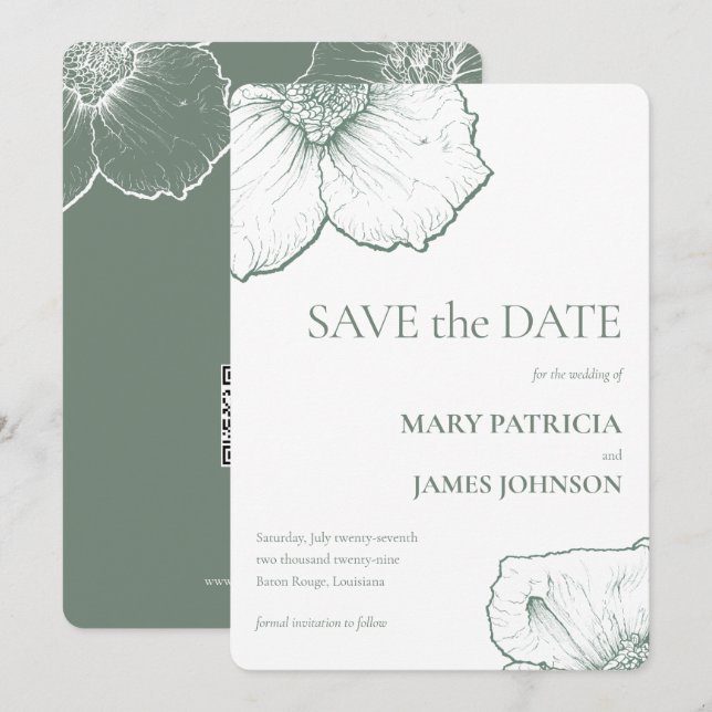 Minimalist Sage Green Floral Modern Wedding Save The Date (Front/Back)