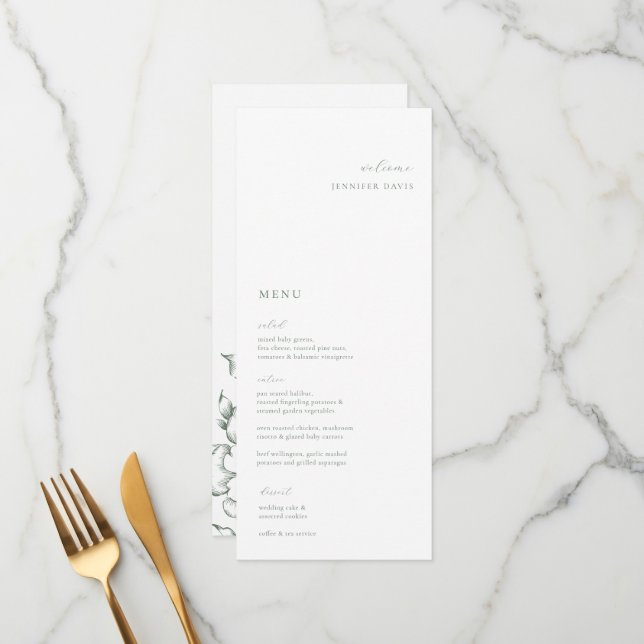 Minimalist Sage Green Floral Place Card Menu (Front/Back In Situ)