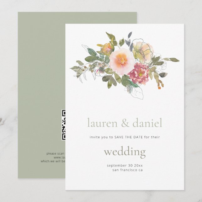 Minimalist Sage Green Floral QR Wedding Save The Date (Front/Back)