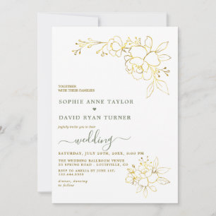 Minimalist Sage Green Gold Flowers Wedding Invitation