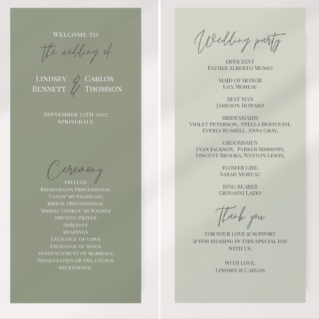 Minimalist sage green hand written wedding program (Creator Uploaded)