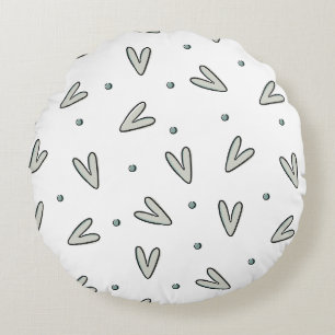 Minimalist Sage Green Hearts & Dots Pattern Round Pillow