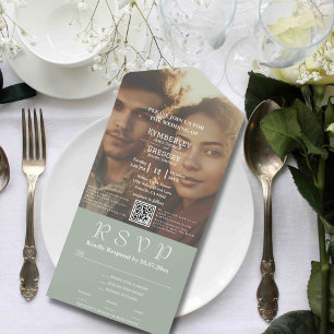 Minimalist Sage Green Ivory Cream Photo QR Code All In One Invitation