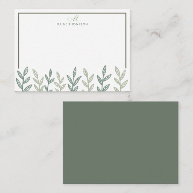 Minimalist Sage Green Leaves Script Monogram Note Card (Front/Back)