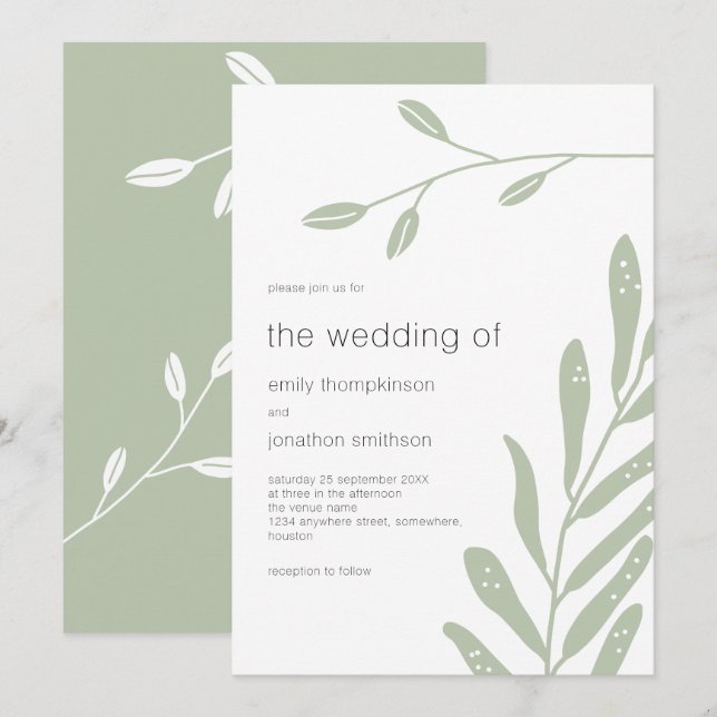 Minimalist Sage Green Leaves Wedding Invitation (Front/Back)