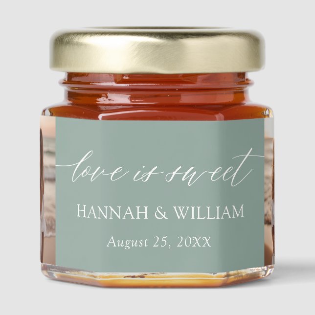 Minimalist Sage Green Love is sweet Photo Wedding Honey Jar Favors (Front)