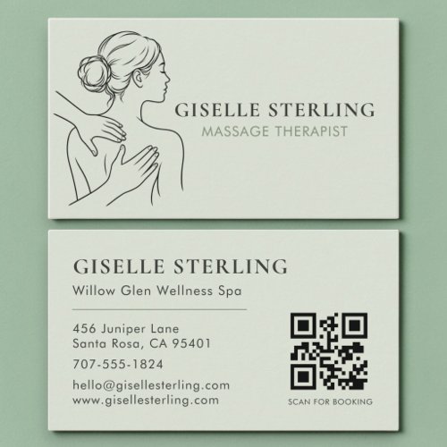 Minimalist Sage Green Massage Therapist QR Code Business Card