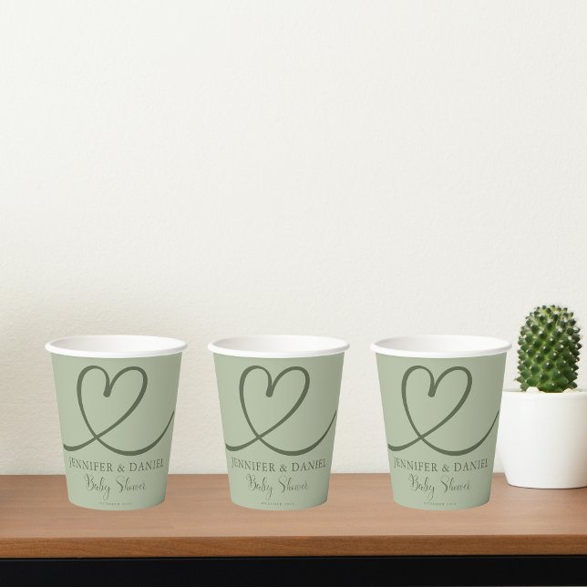 Minimalist Sage Green Minimalist Heart Personalize Paper Cups (Creator Uploaded)