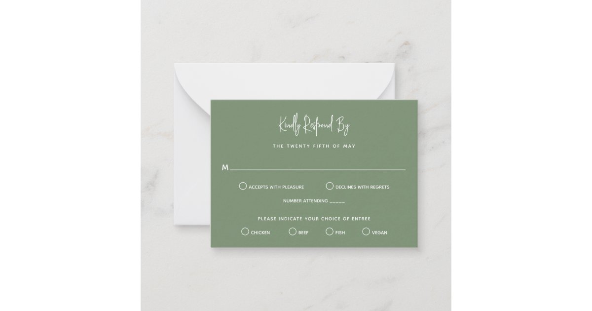 Minimalist Sage Green Modern Mini Wedding RSVP Note Card | Zazzle
