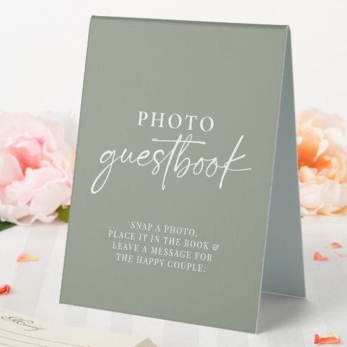 Minimalist Sage Green Modern  Photo Guestbook Table Tent Sign