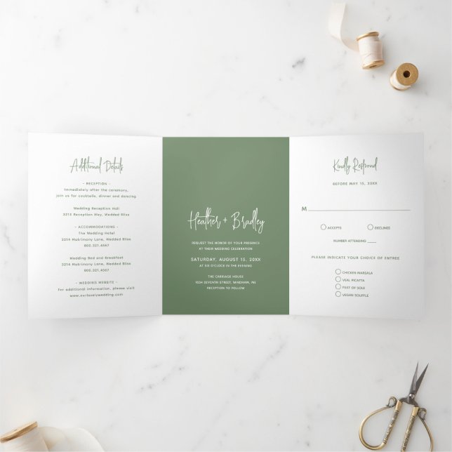 Minimalist Sage Green Modern Wedding Tri-Fold Invitation (Inside)