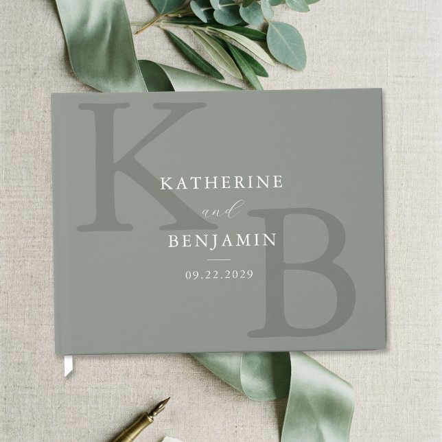 Minimalist Sage Green Monogram Modern Wedding Guest Book (Creator Uploaded)