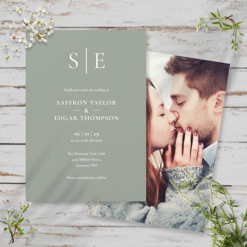 Minimalist Sage Green Monogram Photo Wedding Invitation