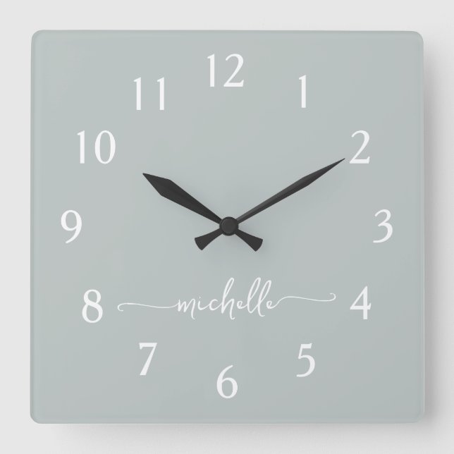 Minimalist Sage Green Monogram Signature Script Square Wall Clock (Front)