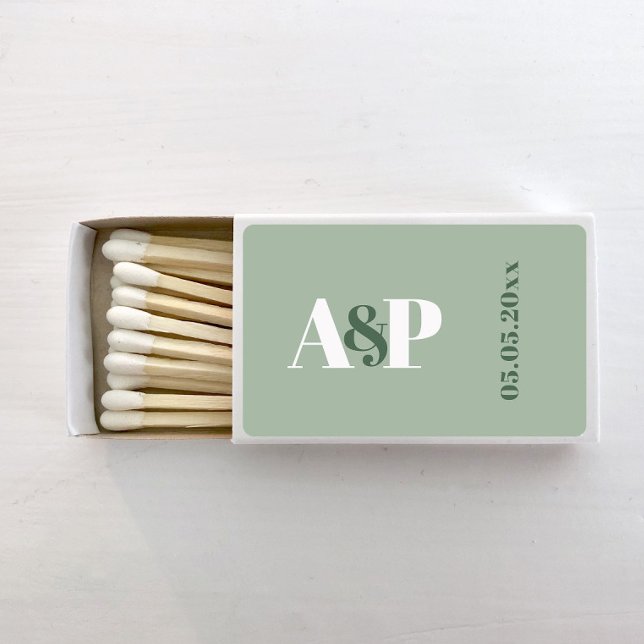 Minimalist Sage Green Monogram Wedding Favor Matchboxes (Minimalist sage green and white wedding monogram matches mockup)