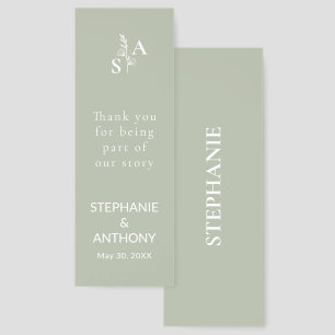 Minimalist Sage Green Monogram Wildflower Wedding Bookmarks