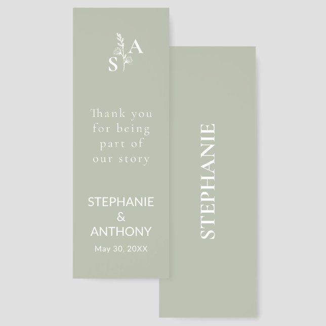 Minimalist Sage Green Monogram Wildflower Wedding Bookmarks (Front & Back)