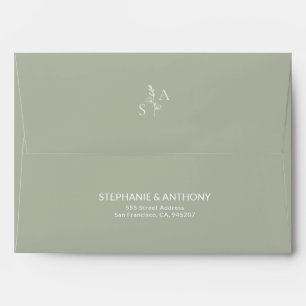 Minimalist Sage Green Monogram Wildflower Wedding Envelope
