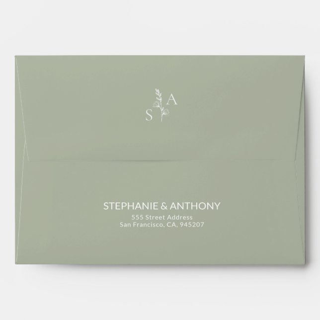 Minimalist Sage Green Monogram Wildflower Wedding Envelope (Back (Top Flap))