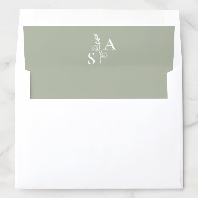 Minimalist Sage Green Monogram Wildflower Wedding Envelope Liner (In Envelope)