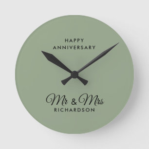 Minimalist Sage Green Mr & Mrs Wedding Anniversary Round Clock