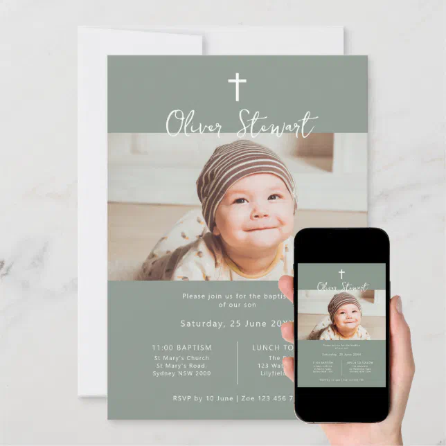 Minimalist sage green photo baptism christening invitation | Zazzle