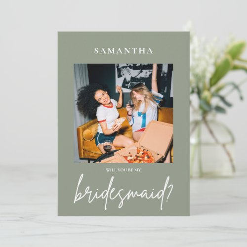 Minimalist Sage Green Photo Bridesmaid Proposal In Invitation