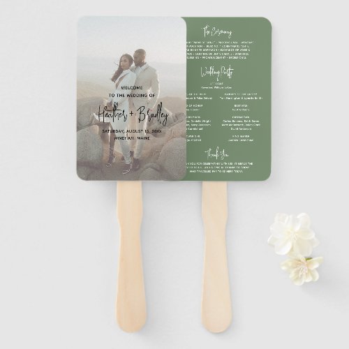 Minimalist Sage Green Photo Modern Wedding Program Hand Fan