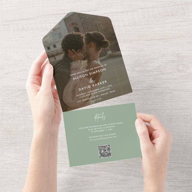Minimalist Sage Green Photo QR Code All In One Invitation (Tearaway)