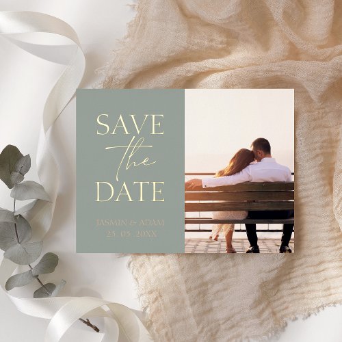 Minimalist Sage Green Photo Wedding Save the Date Foil Holiday Postcard