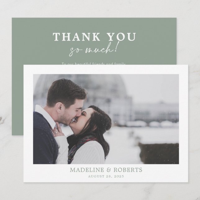 Minimalist Sage Green Photo Wedding Thank you card (Front/Back)
