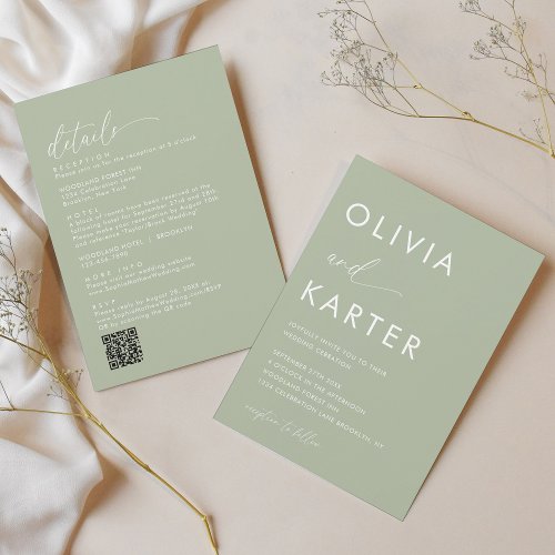 Minimalist Sage Green QR Code All in One Wedding Invitation