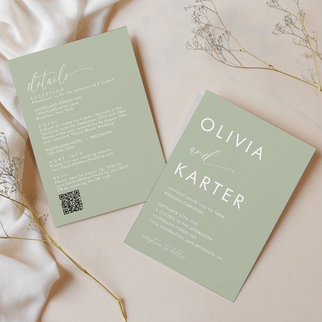 Minimalist Sage Green QR Code All in One Wedding Invitation (Creator Uploaded)