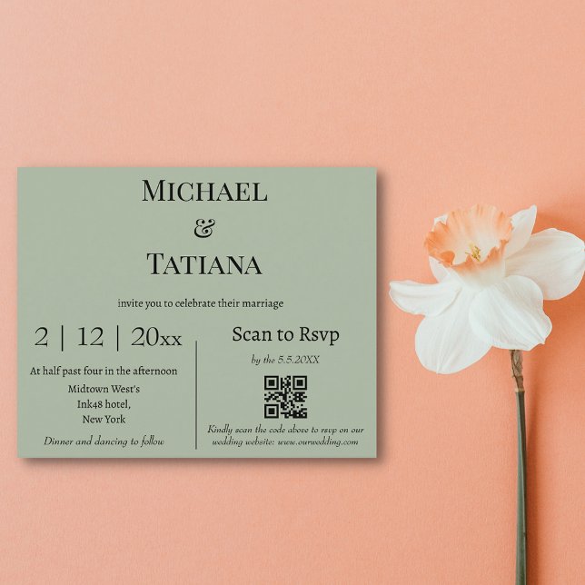 Minimalist Sage Green QR Code RSVP Wedding Invite (Creator Uploaded)
