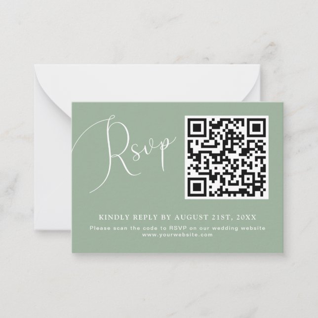 Minimalist Sage Green QR Code Wedding RSVP Card (Front)