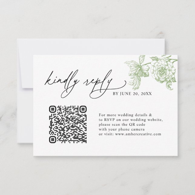 Minimalist Sage Green QR code Wedding RSVP Cards (Front)