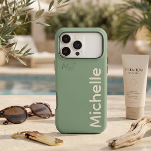 Minimalist Sage Green & Sand Monogram Custom Name iPhone 17 Pro Max Case