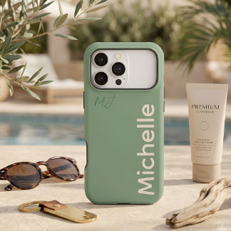 Minimalist Sage Green & Sand Monogram Custom Name iPhone 17 Pro Max Case
