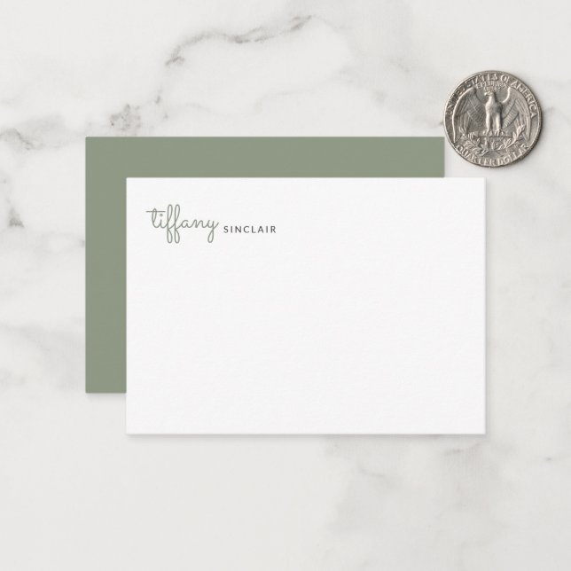 Minimalist Sage Green Script Modern Chic Custom Note Card (Front/Back In Situ)