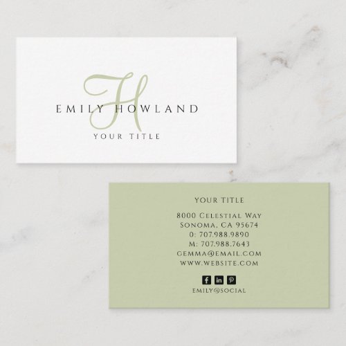 Minimalist Sage Green Script Monogram Name Business Card