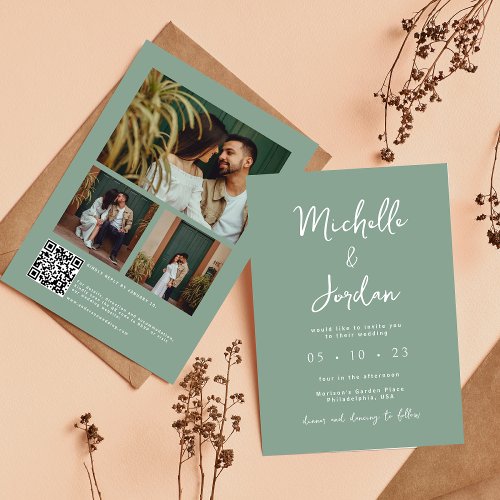 Minimalist Sage Green Script Photo QR Wedding Invitation